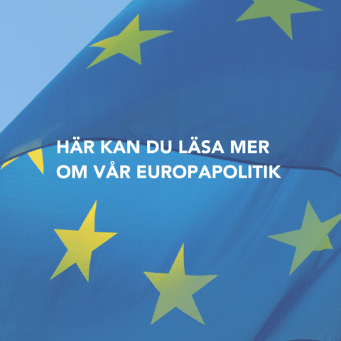 bild EU-flagga i bakgrunden, text här kan du läsa mer om vår Europapolitik